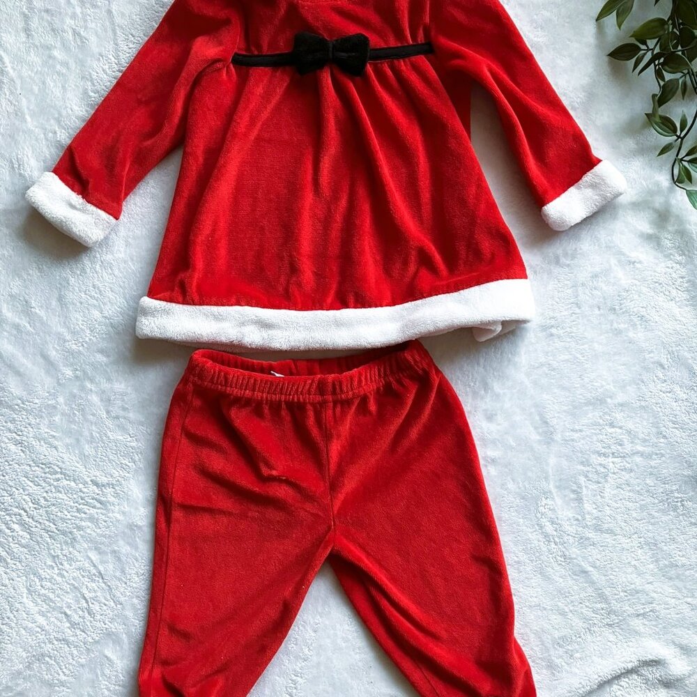 Baby 3-6M Holiday Red Velour Outfit 2pc Dress & Pants Set Christmas Santa GUC